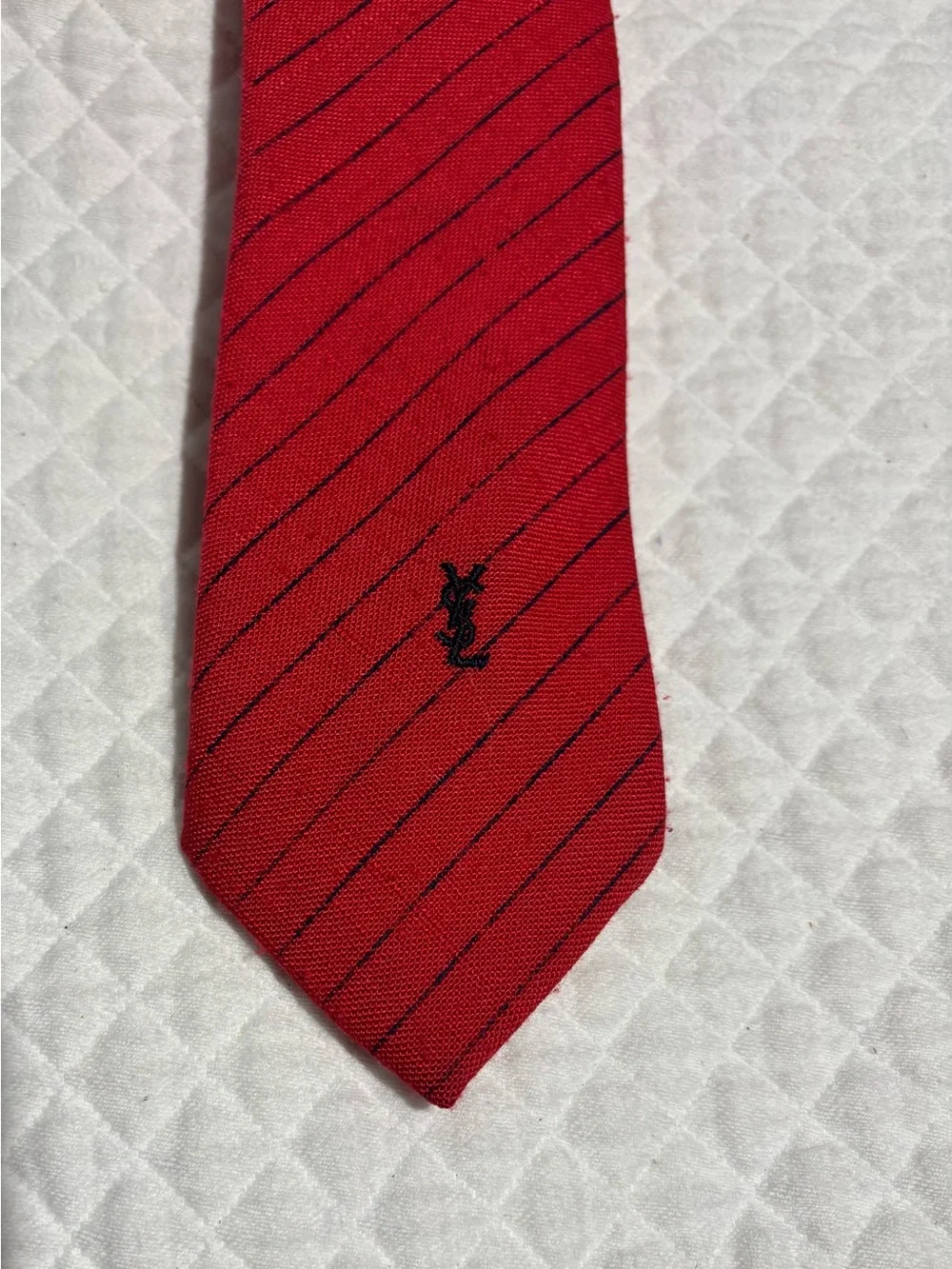 Yves Saint Laurent Vintage Red Pinstripe Silk Tie with YSL Embroidery